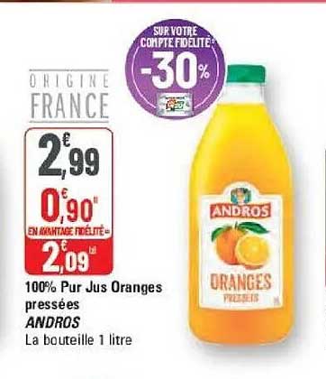 100% Pur Jus Oranges pressées ANDROS La bouteille 1 litre