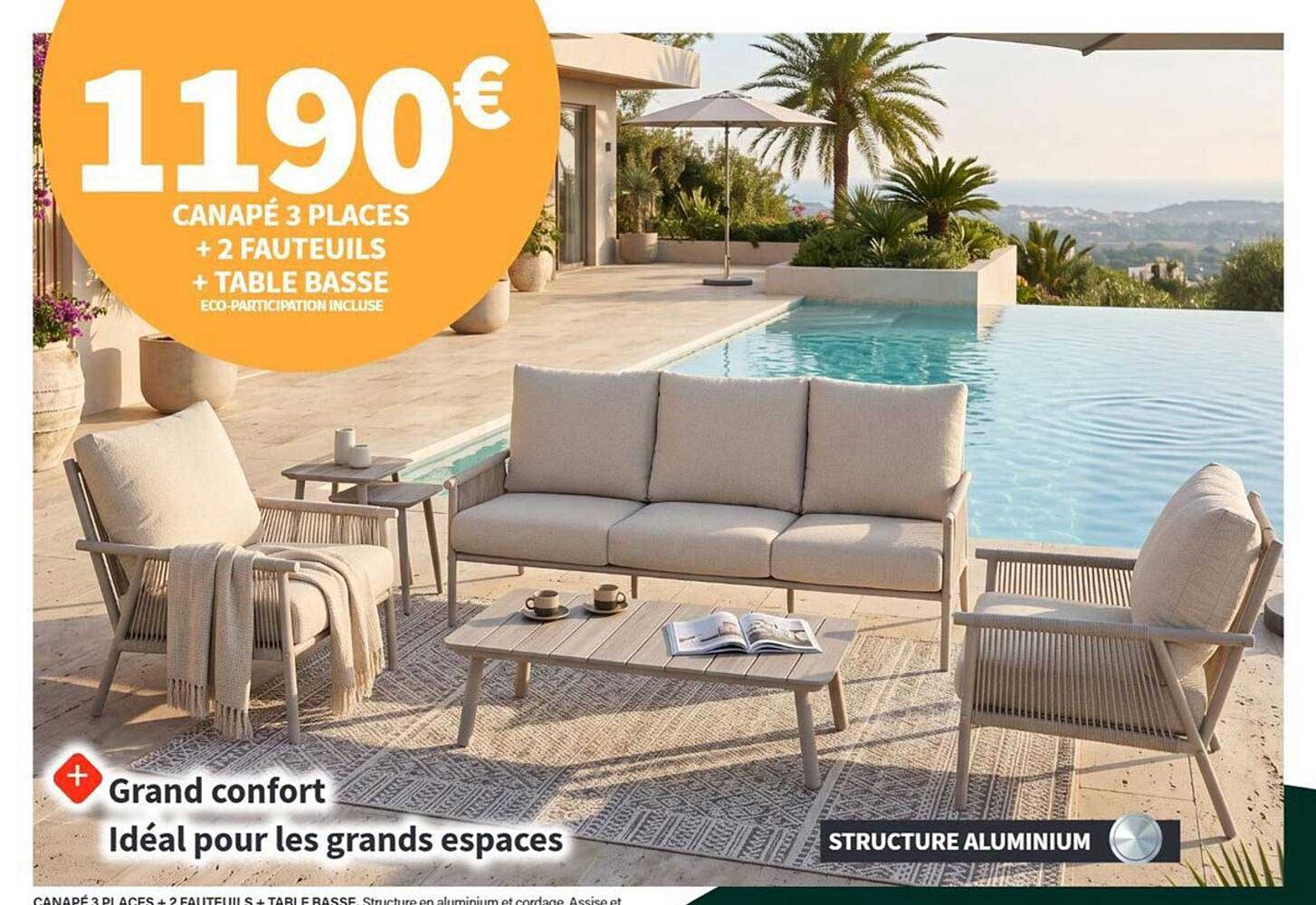 1190€ CANAPÉ 3 PLACES + 2 FAUTEUILS + TABLE BASSE
