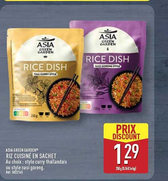 ASIA GREEN GARDEN® RIZ CUISINÉ EN SACHET Au choix : style curry thaïlandais ou style nasi goreng.