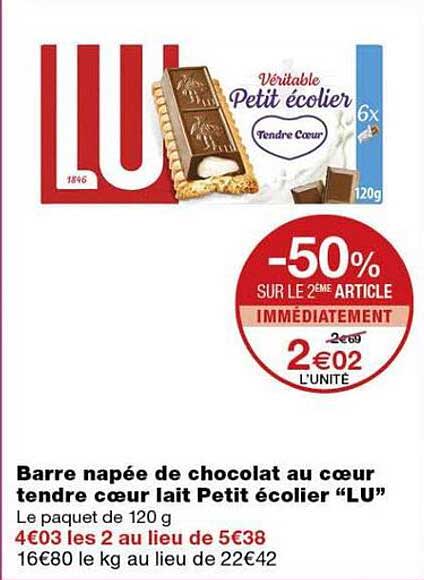 Barre nappée de chocolat au cœur tendre cœur lait Petit écolier "LU"
