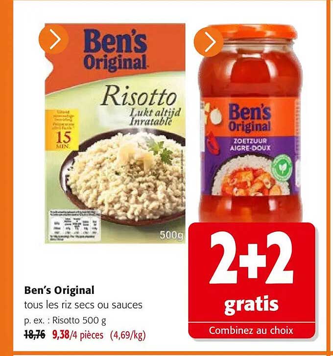 Ben’s Original tous les riz secs ou sauces p. ex. : Risotto 500 g 2+2 gratis Combinez au choix