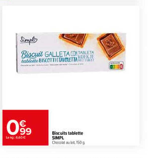 Biscuits tablette SIMPL Chocolat au lait, 150 g