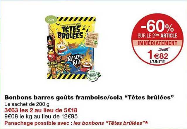 Bonbons barres goûts framboise/cola “Têtes brûlées”