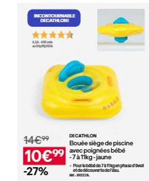Bouée siège de piscine avec poignées bébé - 7 à 11kg - jaune