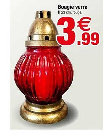 Bougie verre H 23 cm, rouge.