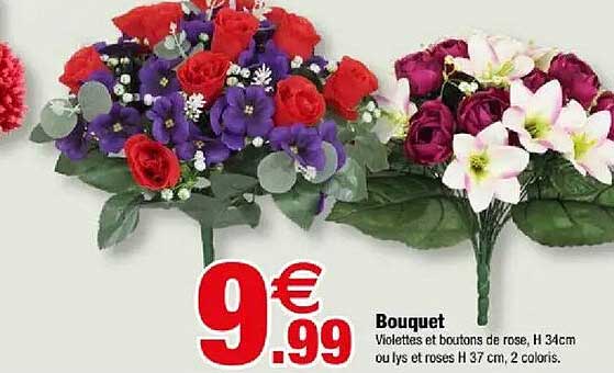 Bouquet Violettes et boutons de rose, H 34 cm ou lys et roses H 37 cm, 2 coloris.