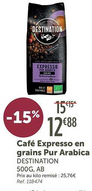 Café Expresso en grains Pur Arabica DESTINATION 500G, AB