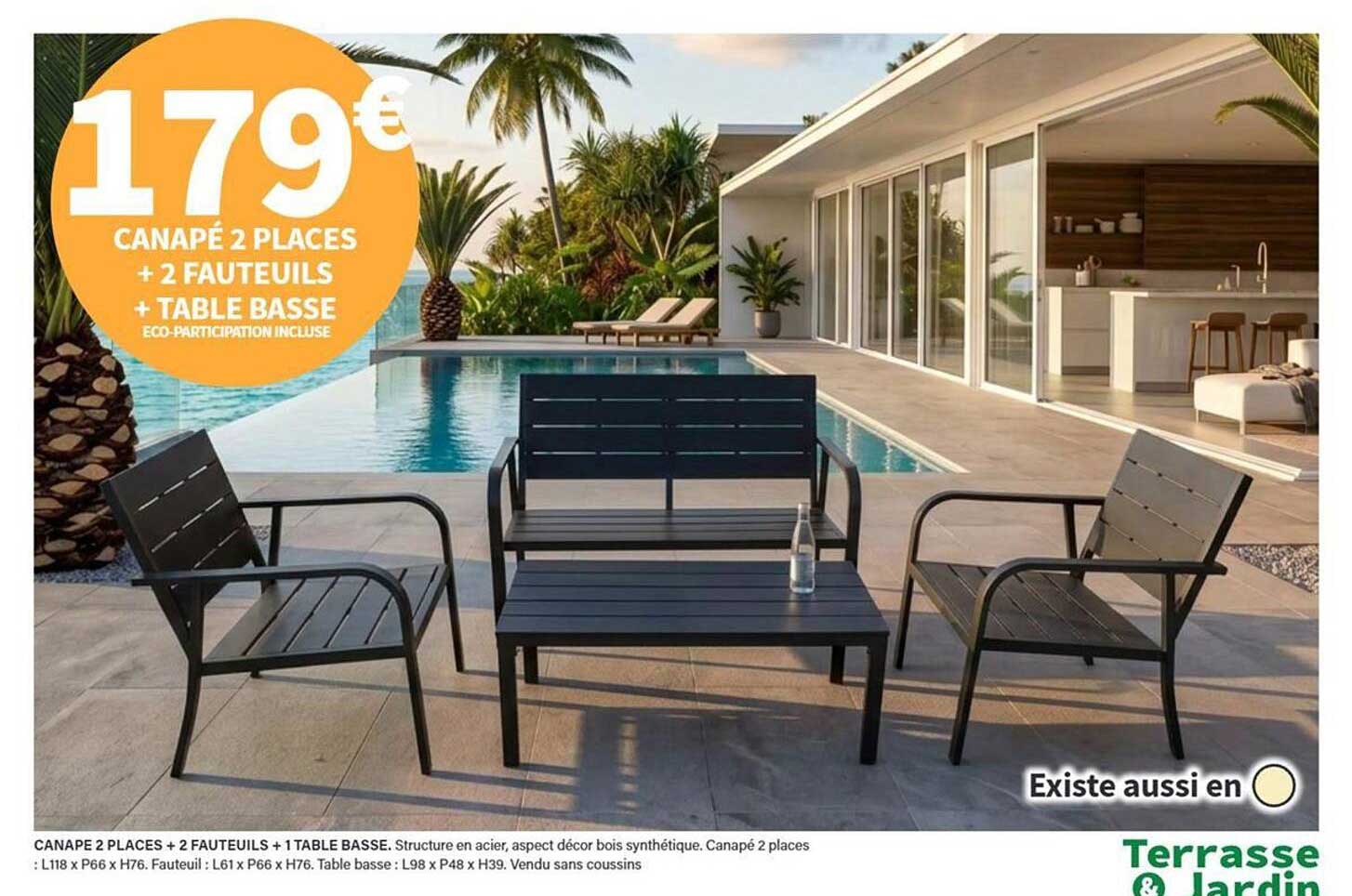 CANAPE 2 PLACES + 2 FAUTEUILS + 1 TABLE BASSE.