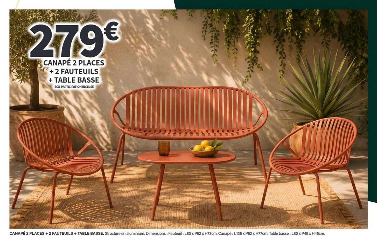 CANAPÉ 2 PLACES + 2 FAUTEUILS + TABLE BASSE