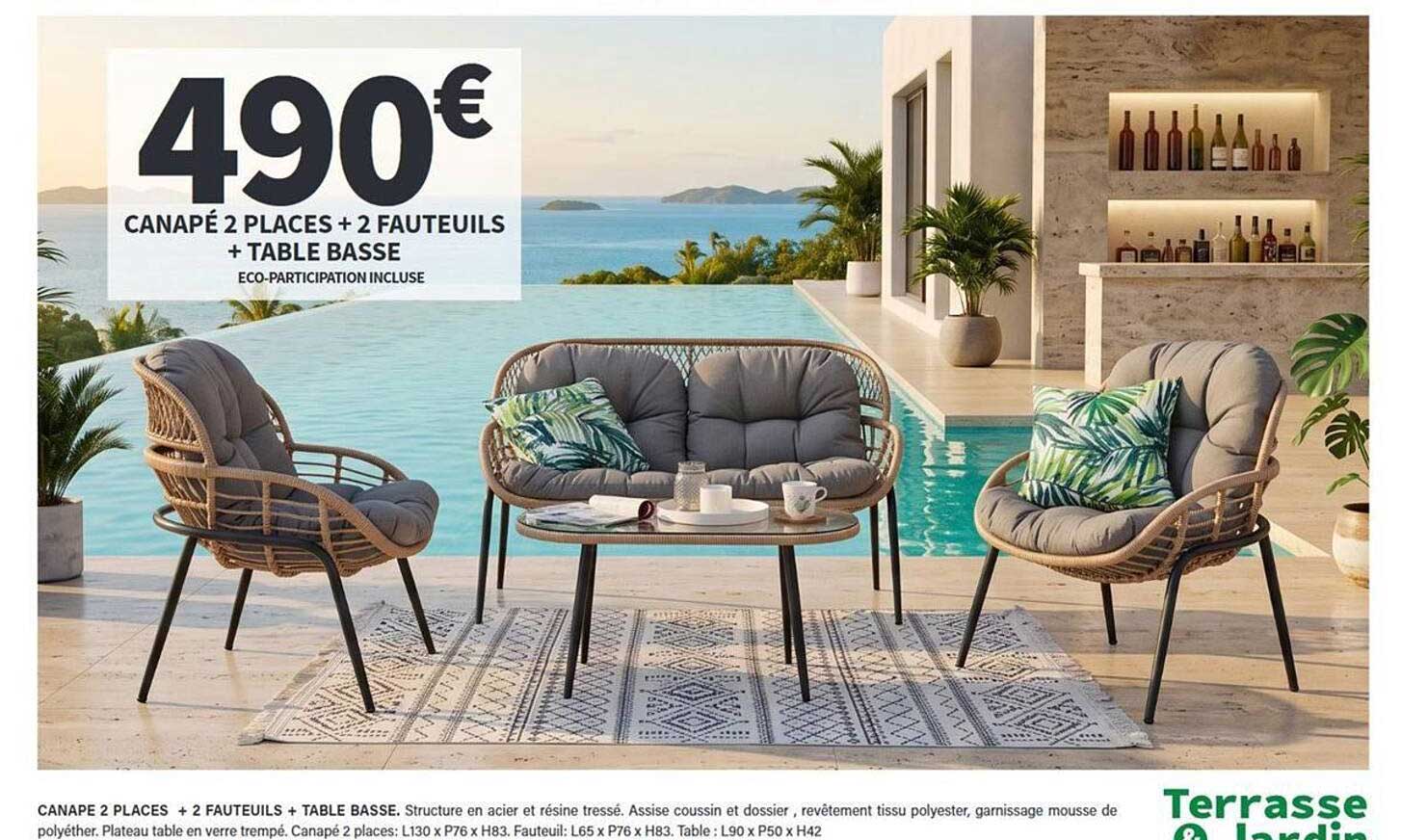CANAPÉ 2 PLACES + 2 FAUTEUILS + TABLE BASSE