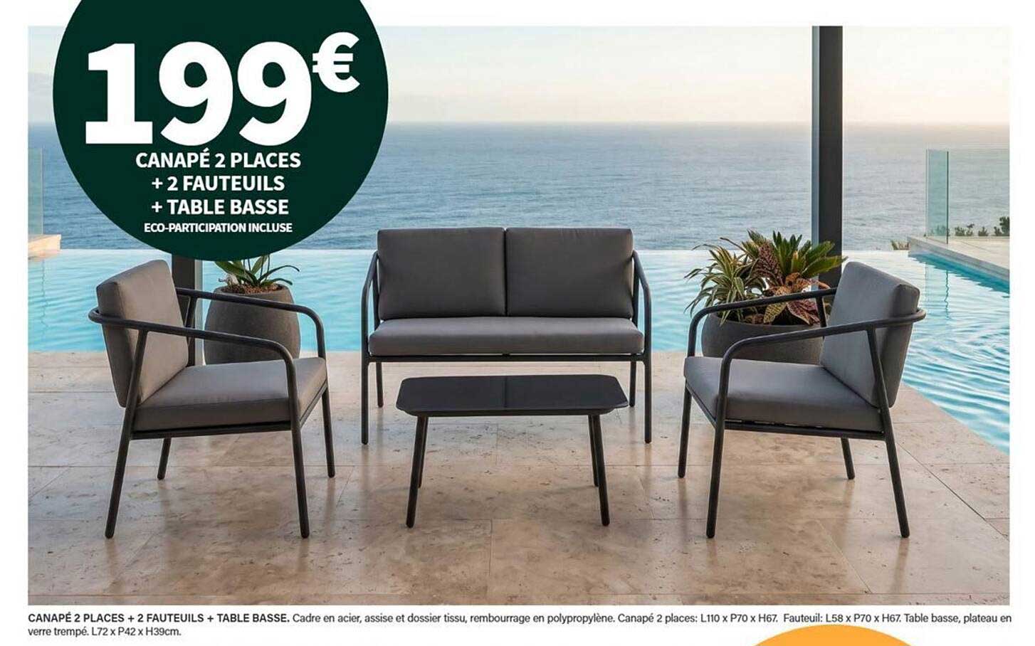 CANAPÉ 2 PLACES + 2 FAUTEUILS + TABLE BASSE