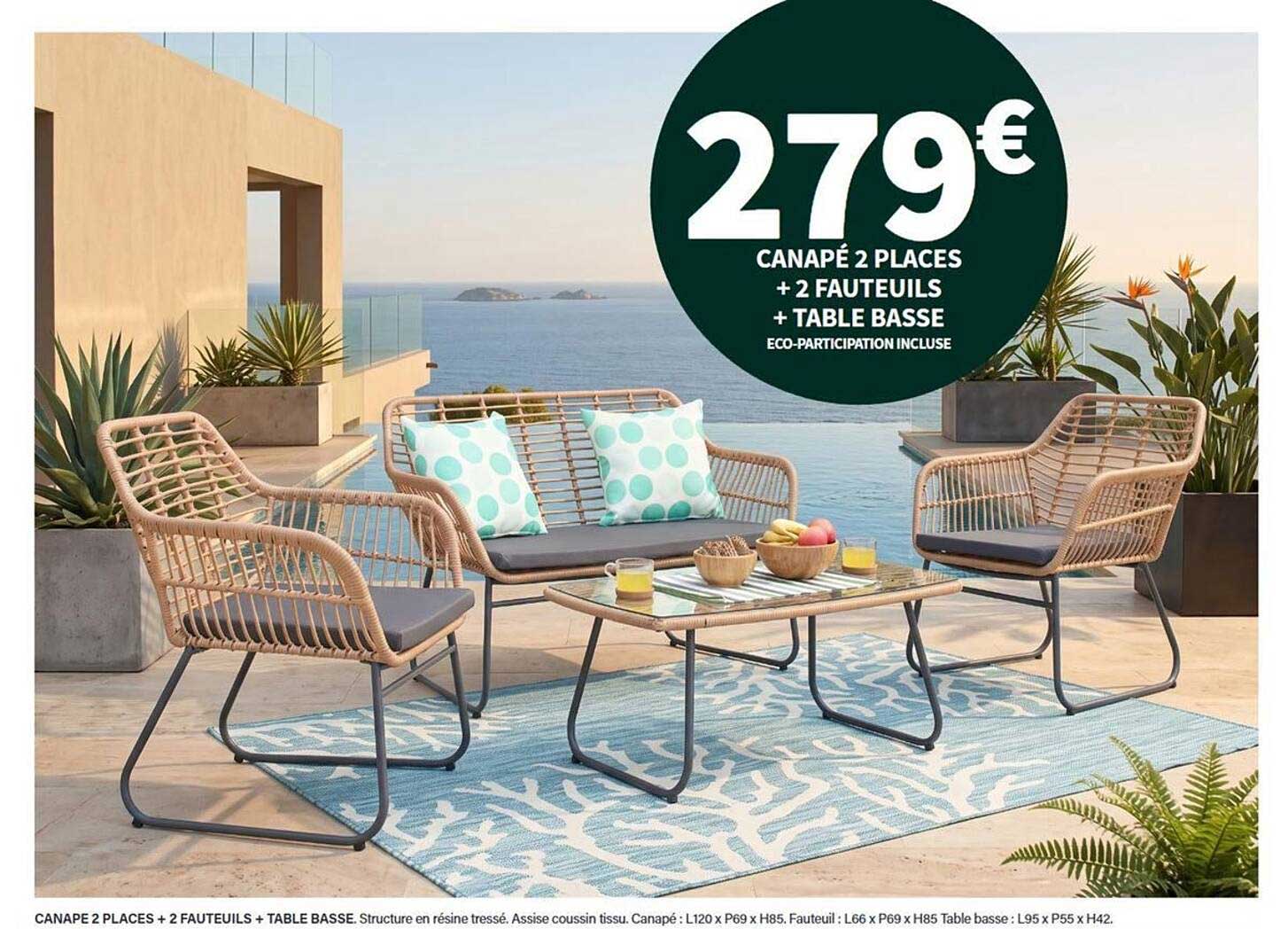CANAPE 2 PLACES + 2 FAUTEUILS + TABLE BASSE