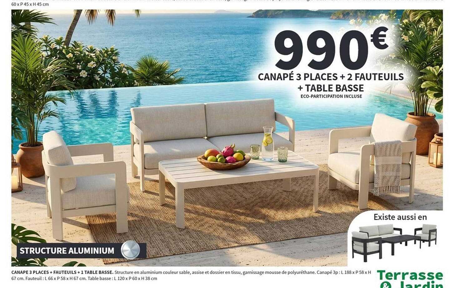CANAPÉ 3 PLACES + 2 FAUTEUILS + TABLE BASSE