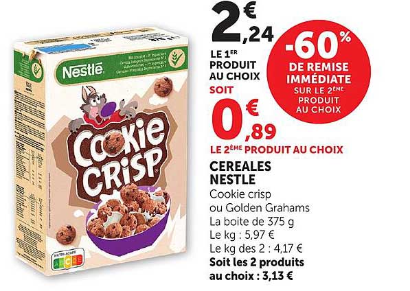 CEREALES NESTLE Cookie crisp ou Golden Grahams La boite de 375 g