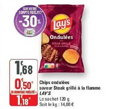 Chips ondulées saveur Steak grillé à la flamme LAY'S Le sachet 120 g Soit le kg : 14,00 €
