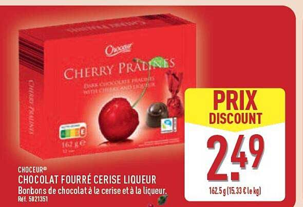 CHOCEUR® CHOCOLAT FOURRÉ CERISE LIQUEUR Bonbons de chocolat à la cerise et à la liqueur.