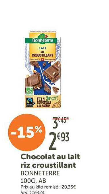 Chocolat au lait riz croustillant BONNETERRE 100G, AB