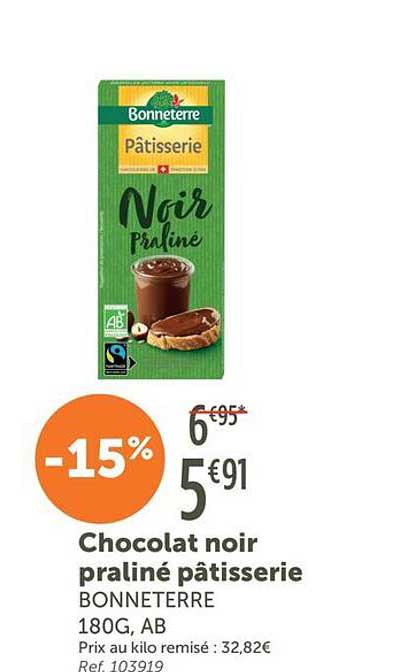 Chocolat noir praliné pâtisserie BONNETERRE 180G, AB
