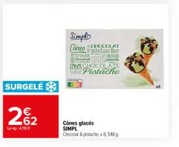 Cônes glacés SIMPL Chocolat & pistache, x 8, 548 g
