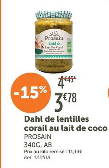 Dahl de lentilles corail au lait de coco PROSAIN 340G, AB