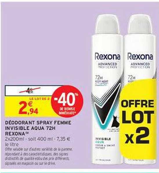 DÉODORANT SPRAY FEMME INVISIBLE AQUA 72H REXONA