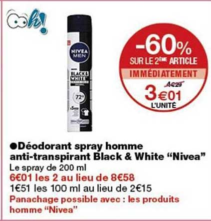 Déodorant spray homme anti-transpirant Black & White “Nivea”