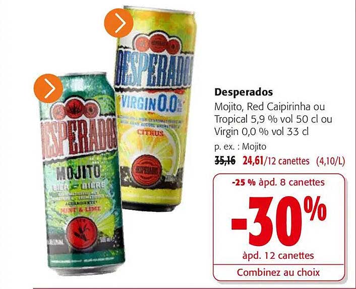 Desperados Mojito, Red Caipirinha ou Tropical 5,9 % vol 50 cl ou Virgin 0,0 % vol 33 cl