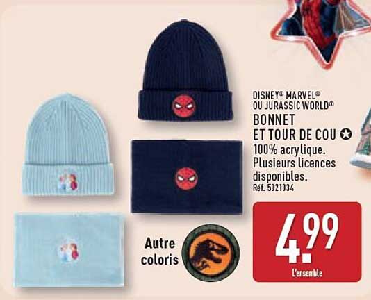 DISNEY® MARVEL® OU JURASSIC WORLD® BONNET ET TOUR DE COU