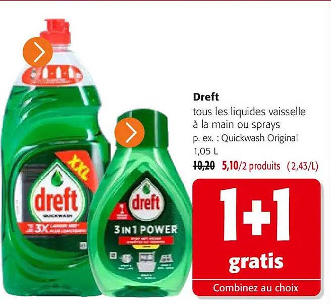 Dreft tous les liquides vaisselle à la main ou sprays p. ex. : Quickwash Original 1,05 L 1+1 gratis Combinez au choix