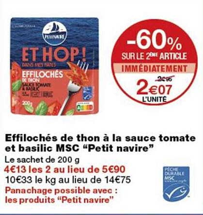 Effilochés de thon à la sauce tomate et basilic MSC “Petit navire”