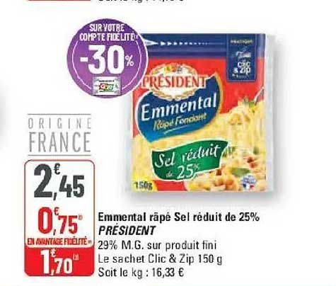 Emmental râpé Sel réduit de 25% PRÉSIDENT