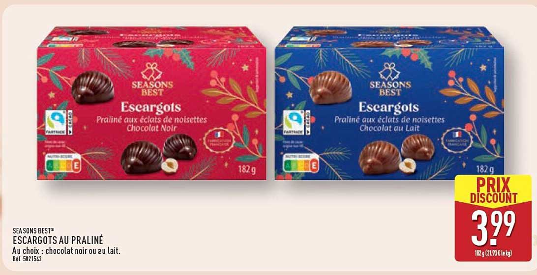 ESCARGOTS AU PRALINÉ Au choix : chocolat noir ou au lait.