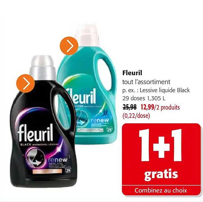 Fleuril tout l’assortiment p. ex. : Lessive liquide Black 29 doses 1,305 L