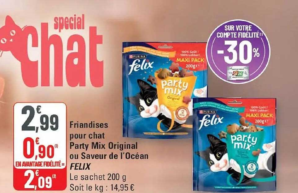 Friandises pour chat Party Mix Original ou Saveur de l'Océan FELIX Le sachet 200 g