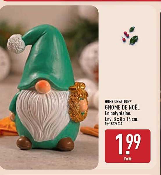 HOME CREATION® GNOME DE NOËL En polyrésine. Env. 8 x 8 x 14 cm. Réf. 5024637