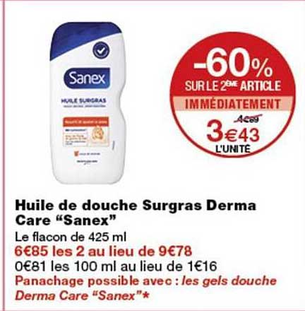 Huile de douche Surgras Derma Care “Sanex”