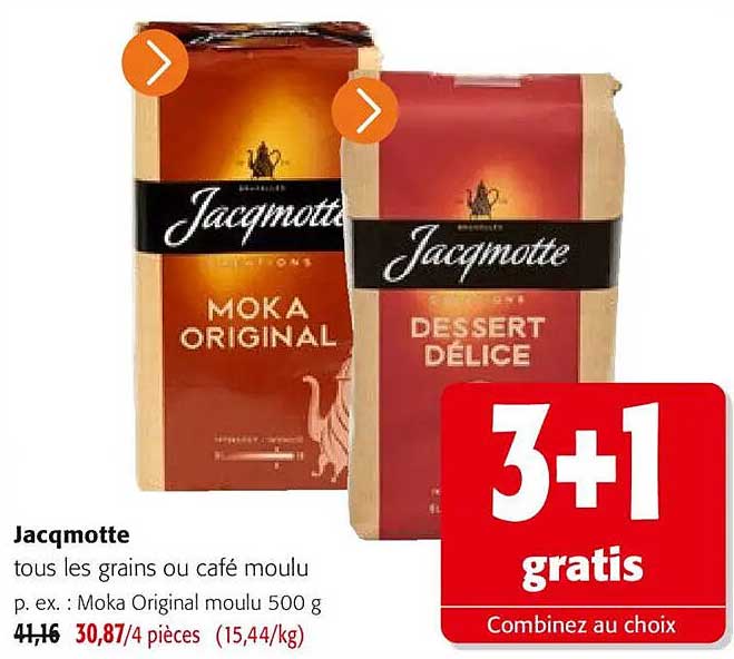 Jacqmotte tous les grains ou café moulu p. ex. : Moka Original moulu 500 g
