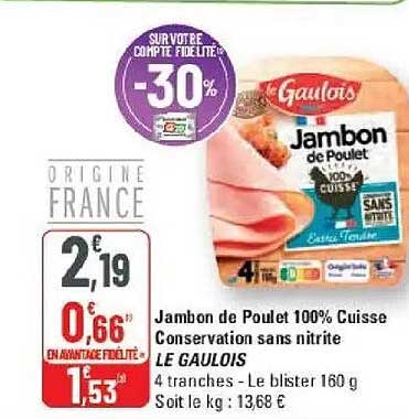 Jambon de Poulet 100% Cuisse Conservation sans nitrite LE GAULOIS