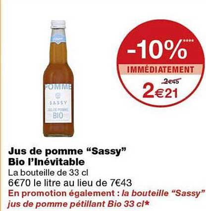 Jus de pomme “Sassy” Bio l’Inévitable