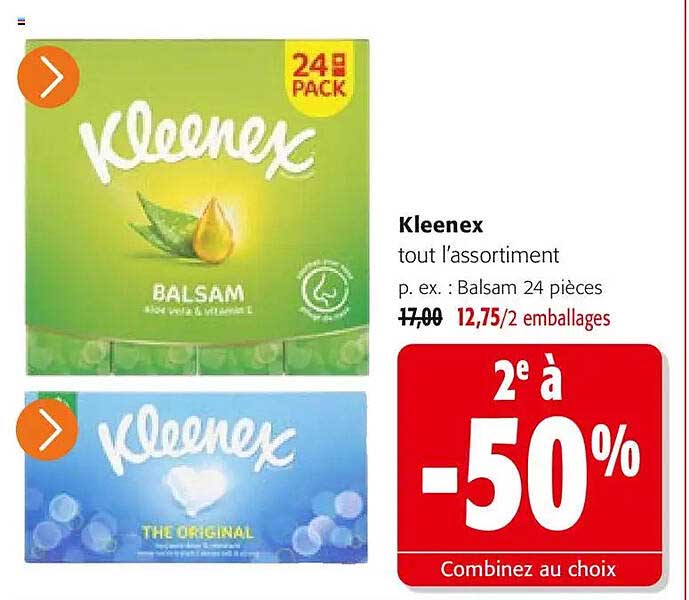 Kleenex tout l’assortiment p. ex. : Balsam 24 pièces