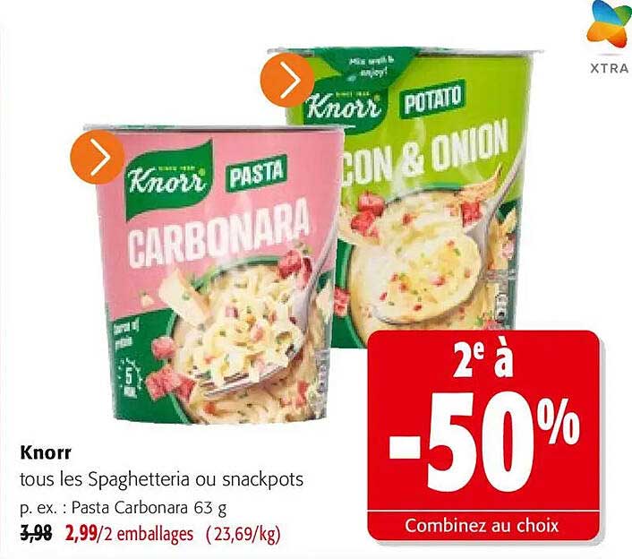 Knorr tous les Spaghetteria ou snackpots p. ex. : Pasta Carbonara 63 g