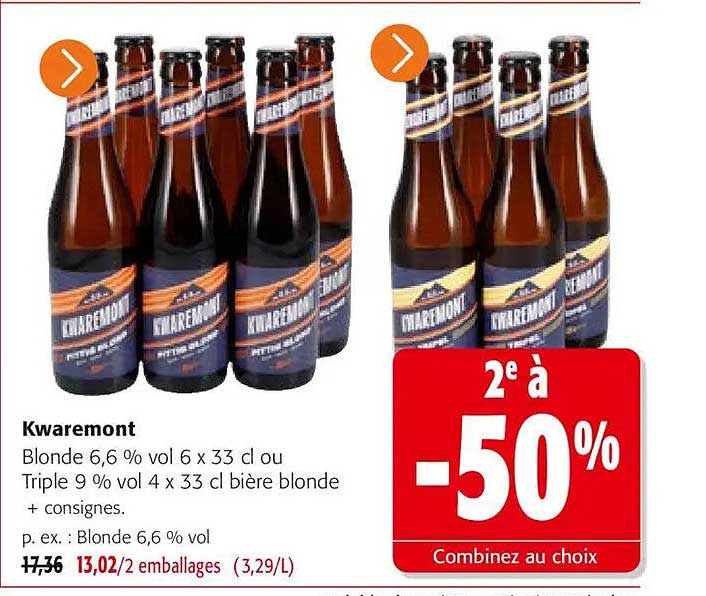 Kwaremont Blonde 6,6 % vol 6 x 33 cl ou Triple 9 % vol 4 x 33 cl bière blonde + consignes.