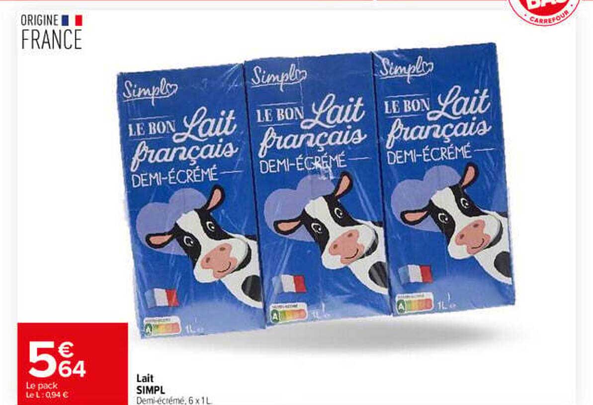 Lait SIMPL Demi-écrémé, 6 x 1L
