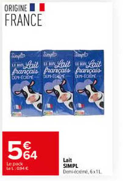Lait SIMPL Demi-écrémé, 6 x 1L