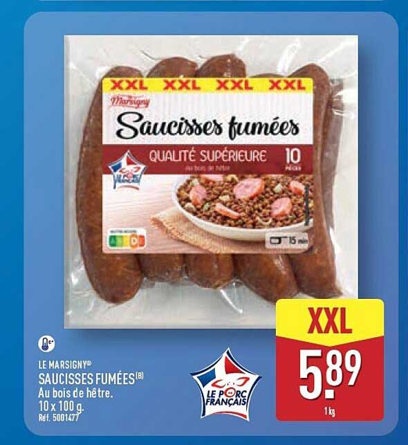 LE MARSIGNY SAUCISSES FUMÉES(B) Au bois de hêtre. 10 x 100 g. Réf. 5001477