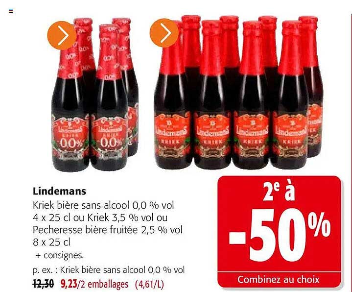Lindemans Kriek bière sans alcool 0,0 % vol 4 x 25 cl ou Kriek 3,5 % vol ou Pecheresse bière fruitée 2,5 % vol 8 x 25 cl + consignes.