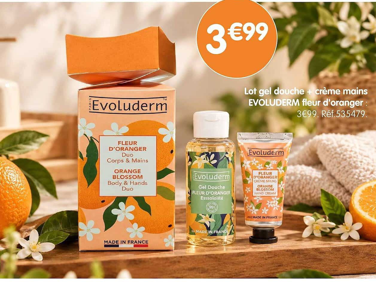 Lot gel douche + crème mains EVOLUDERM fleur d'oranger