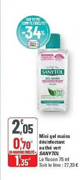 Mini gel mains désinfectant au thé vert SANYTOL