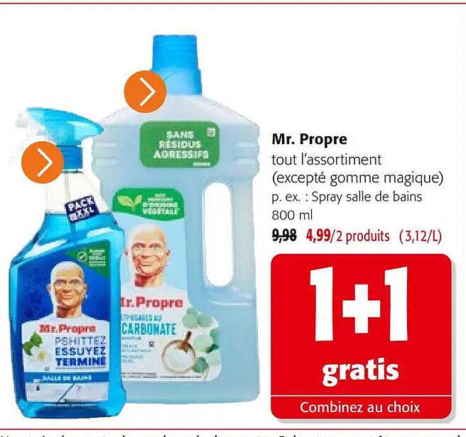 Mr. Propre tout l’assortiment (excepté gomme magique) p. ex. : Spray salle de bains 800 ml