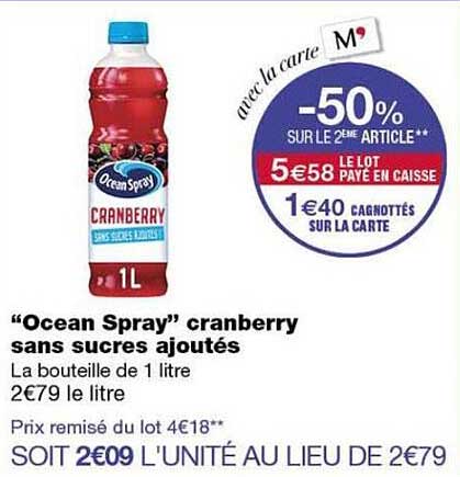 “Ocean Spray” cranberry sans sucres ajoutés